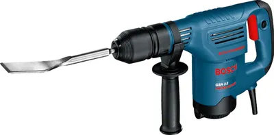 A blue and black Bosch rotary hammer with a chisel attachment is shown against a white background.