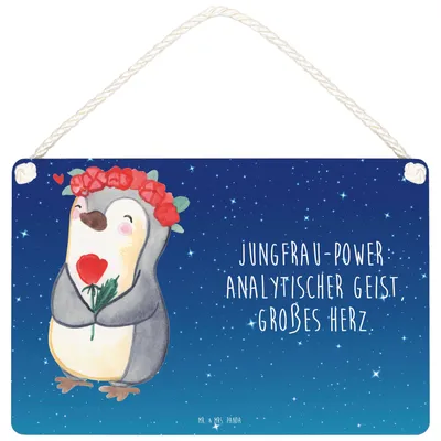 Produktbild von Mr. & Mrs. Panda Schild Jungfrau Astrologie DIN A6 - Sternenhimmel Blau - Geschenk, Tierkreiszeichen, Geschenke für Frauen, wandtafel, Sternzeichen, Wandbild Holz