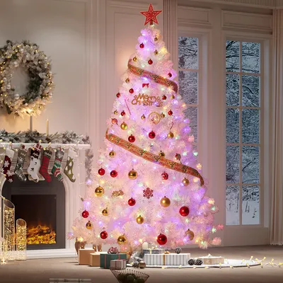 Produktbild von Künstlicher Weihnachtsbaum, 225 cm (7,5 Fuß), natürliche grüne Farbe, dicht verzweigt, mit LED-Beleuchtung – Aufstellmethode: Klappmechanismus, Metallfuß