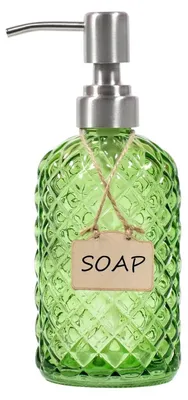 Image de Distributeur de savon en verre avec pompe en acier inoxydable, couleur verte, pour salle de bain et cuisine