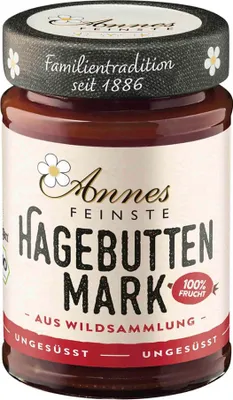 A jar of Hagebuttenmark (rosehip puree) with its label.