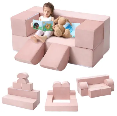 Zdjęcie produktu dla Kanapa do zabawy dla dzieci, modułowa sofa z pianki, miękkie siedzisko, różowa