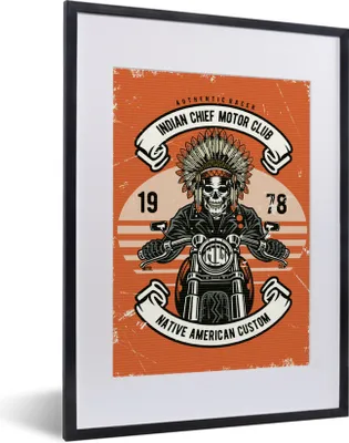 Produktbild von MuchoWow® MuchoWow® Gerahmtes Poster Totenkopf - Indisch - Motor - Vintage 30x40 cm - Poster mit zchwarzem Bilderrahmen - Wandposter Schlafzimmer