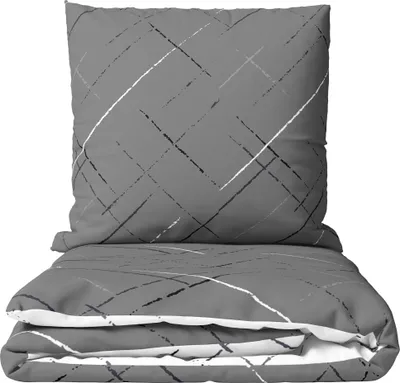 A folded duvet and pillow set with a grey background and a geometric line pattern.