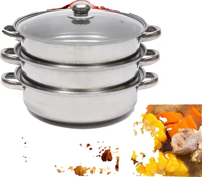 Image de Cuiseur vapeur en acier inoxydable, trois niveaux, acier inoxydable avec couvercle en verre,  pour cuisinières à induction, à gaz et électriques