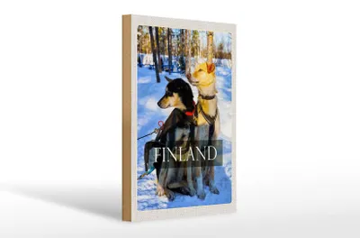 Produktbild von Holzschild Reise 20x30cm Finnland Schnee Winter Wald Hunde