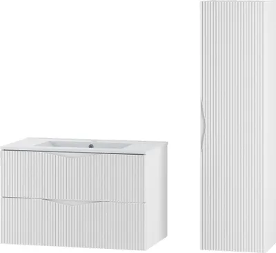 Produktbild von Badmöbel-Set 2-teilig mit 80 cm Waschtisch in weiß mit gerillter Front - CALURI-140