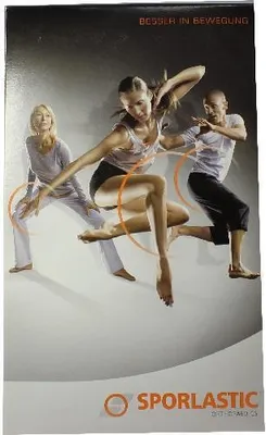 Three people in athletic wear are shown in dynamic poses, suggesting movement and physical activity. Orange circular graphics are overlaid on the image, creating a sense of motion.