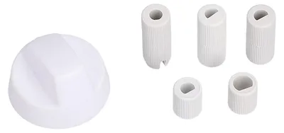 A white round knob and five white adapter pieces are arranged on a white background. The knob has a curved surface with two indentations. The adapter pieces are cylindrical with ribbed outer surfaces and open centers. Three of the adapter pieces are taller