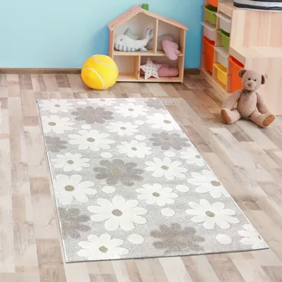 Zdjęcie produktu dla Słodki dywanik do pokoju dziecięcego z efektem 3D w kwiatowy wzór w kolorze kremowo-beżowym Rozmiar - 80 x 150 cm