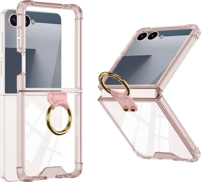 Image de Etui pour Samsung Galaxy Z Flip 7, Etui antichoc transparent avec protection d'écran et anneau Rose