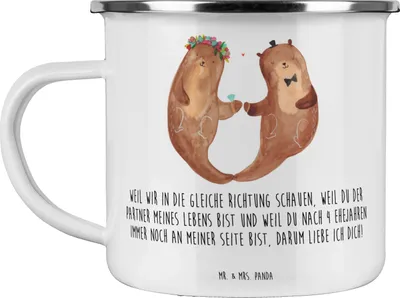 Produktbild von Mr. & Mrs. Panda Teebecher 4. Hochzeitstag Seidenhochzeit - Weiß - Geschenk, Heirat, Teetasse, Beziehung, Emaille Tasse, Pott, Liebe, Haferl, Becher, Geschenke, Heiraten