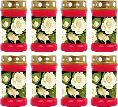 Produktbild von Grabkerze Rot 8er Pack, Brenndauer: 40 Stunden ( je Kerze ), Motiv: Rose