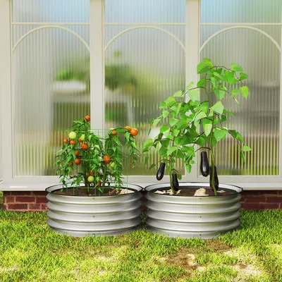 Produktbild von Hochbeet 2er-Set verzinkter Stahl, Pflanzkasten rund modulares Design, Gartenbeet offener Boden, Silber | Ø60x30 cm | 6,4 kg | Gummirand