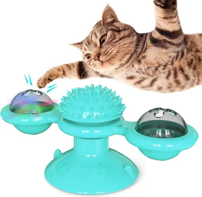 Image de Jouet pour chats moulin à vent, Teasing Pet Toy Jouet interactif pour chats avec balle LED et boule d'herbe à chat, chaton chaton soin brosse à cheveux pour chats (bleu)