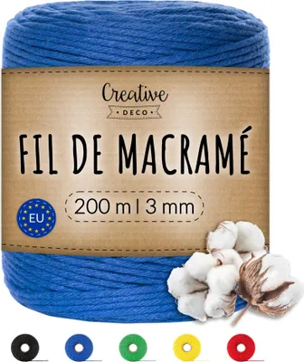 Image de Creative Deco 3mm x 200m Corde Macramé Bleu - Fil de Coton et Polyester