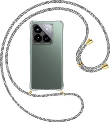 Produktbild von Handykette Backcover-Schutzhülle mit Band (Metall goldfarben) für Xiaomi 14T Pro 5G - weiß/grau kariert