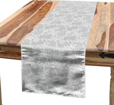 Produktbild von ABAKUHAUS Grau Tischläufer, Arabische Artwork inspiriert Oriental türkische Spitze Muster mit traditionellen Eindruck Bild, 40 x 180 cm, Weiß
