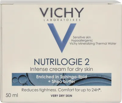 The image shows the front packaging of a Vichy Nutrilogie 2 Intense Cream.