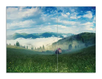 Produktbild von Wallario Herdabdeckplatte aus Glas, Größe 70 x 52 cm 2-teilig, Motiv Morgennebel zwischen Berghängen