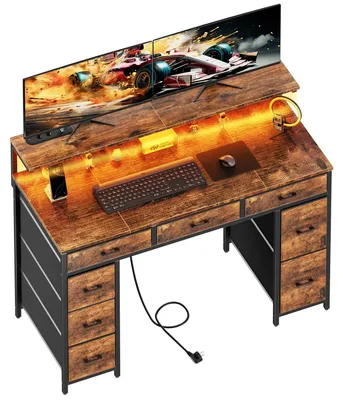 Produktbild von Computertisch Gaming - Schreibtisch 120 cm - 8 Aufbewahrungsschubladen - Verstellbare Monitorablage - LED-Beleuchtung USB-Steckdosen - Metallgestell - Braun