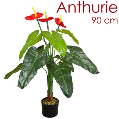 Produktbild von Anthurie Flamingoblume Kunstpflanze Künstliche Pflanze 90 cm Kunstblume Innendekoration Kunst Pflanze wie echt im Topf Decovego