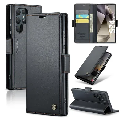 Immagine prodotto di Custodia per Samsung Galaxy S24 Ultra, carta di blocco RFID, custodia in pelle avanzata con funzione di supporto Nero
