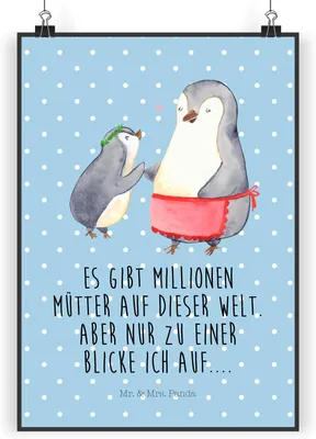 Produktbild von Mr. & Mrs. Panda Bild Pinguin mit Kind DIN A3 - Blau Pastell - Geschenk, Kunstdruck, Mutter, Tochter, drucke, Mama, Vorbild, grafikposter, Muttertag, wandkunst, wanddeko