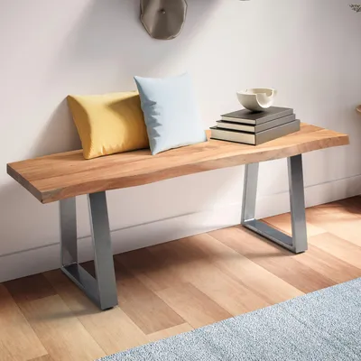 Obrázek produktu pro WOHNLING Šatní lavice 120x40x45,5 cm Masivní akáciové dřevo / kov s okrajem stromu Lavice do předsíně Masivní dřevěná lavice bez opěradla Moderní lavice do předsíně
