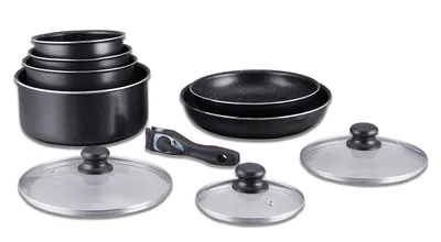 Image de Batterie de cuisine revêtement pierre avec manche amovible 10 pieces noir Herzberg HG5000-BK