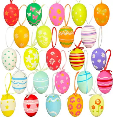 Productafbeelding van Paaseieren om op te hangen - Set van 24 - 6 cm - Plastic - Groot - Kinderen - Pasen - Knutselen - Decoratie - Kleurrijk