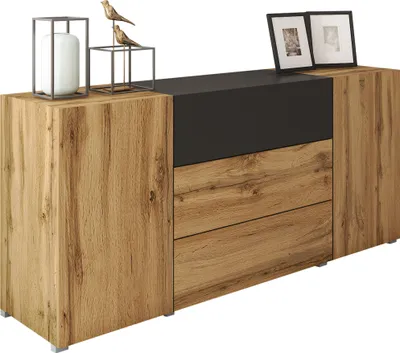Produktbild von MIRJAN24 Türkommode Berlin 150, Stilvoll Wohnzimmer, Kommode mit zwei Drehtüren und drei Schubladen (Farbe: Wotan / Schwarz Graphit)