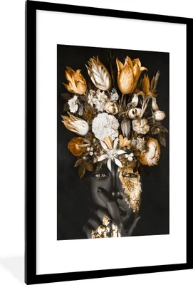 Produktbild von MuchoWow® MuchoWow® Gerahmtes Poster Frau - Blumen - Gold 60x90 cm - Poster mit zchwarzem Bilderrahmen - Dekoration - Wandposter Wohnzimmer - Hochwertig