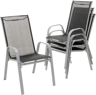 Image de Ensemble de 4 chaises de jardin, chaises de camping, chaises empilables, chaises à dossier haut, chaises de terrasse – Matériau : textilène et acier, empilables – Couleur : structure grise / assise noire