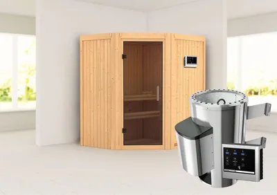 Produktbild von Karibu Sauna Innensauna Tonja Eckeinstieg Ofen 3,6 kW externe Strg.easy 170x151x198 cm ohne Dachkranz mit Graphittür