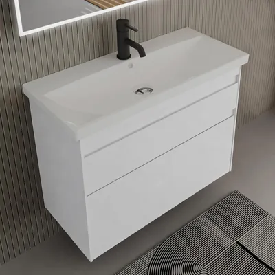 Produktbild von Alpenberger Badmöbel mit Keramik Waschbecken und Unterschrank - Softclose - Vormontiert - Hängender Waschtisch - 60/80/100/120 cm