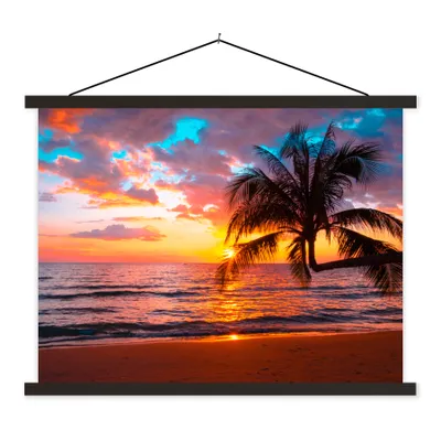 Produktbild von MuchoWow® Textilposter Palme - Sonnenuntergang - Strand - Meer - Horizont 150x113 cm mit schwarzem Rahmen - Wohnzimmer