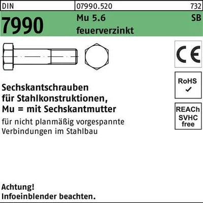 Produktbild von Reyher  Sechskantschrauben DIN7990 Mu 5.6 U M 12x40 tZn (100 Stück)