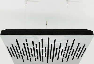 A square acoustic panel suspended from the ceiling by thin wires.