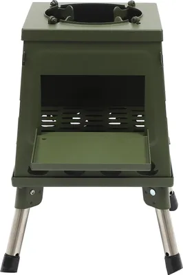Image de Poêle de camping - Poêle à bois polycombustible - Acier au carbone et acier inoxydable - 16 orifices d'aération - 22 x 22 cm - Pour 3 à 5 personnes - Bois, charbon et paille - Vert