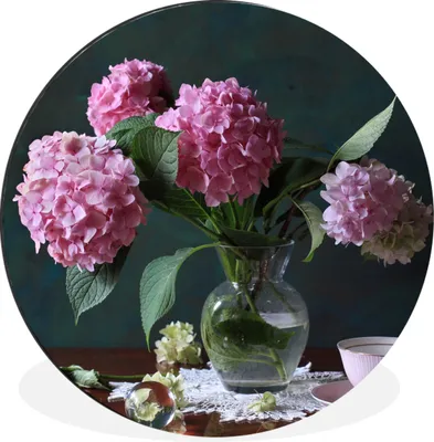 Produktbild von MuchoWow® Aluminium Wandkreis Vase mit Hortensien Ø 60 cm Wanddeko Modern Wohnzimmer - Wand Kreis - Wandbild - Schlafzimmer - Aluminium Bild - Kinderzimmer - Wohnzimmer Dekoration - Wandschmuck
