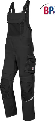 A black pair of work overalls is shown against a white background.