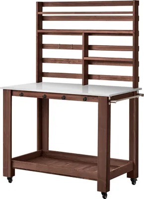 Obrázek produktu pro Zahradnický stůl, venkovní zahradnická pracovní stanice s deskou z nerezové oceli o rozměrech 115 x 66 x 169,5 cm, úložnými policemi, 4 kolečky, háčky, zahradní pracovní stanice pro venkovní terasu, zahradu, hnědá barva
