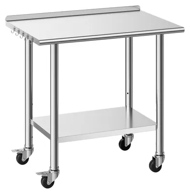 Produktbild von Edelstahltisch Gastronomie - Arbeitstisch mit Rollen - 91,5 x 61 x 89,4 cm - Mit Aufkantung 3 cm - Mit Grundboden - Traglast oben 227 kg unten 191 kg - Silber