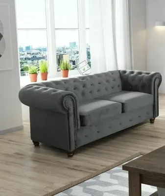 Produktbild von Easy4You Chesterfield Grau Plüsch Velvet 2-Sitzer Sofa 183x74x88 cm Sofas für Wohnzimmer Sofagarnituren mit Holzfüße Set Sofas & Couches