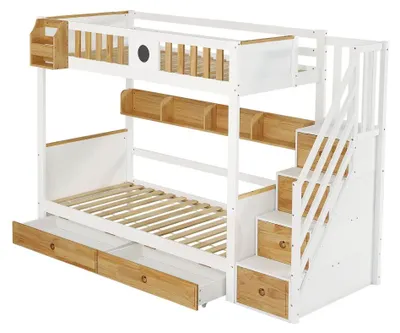 Zdjęcie produktu dla Łóżko piętrowe - łóżko dziecięce - wykonane z drewna litego i MDF - wymiary 90 x 200 cm - schody z 4 szczeblami - barierki ochronne - 2 szuflady i otwarta półka - kolor biały/naturalny