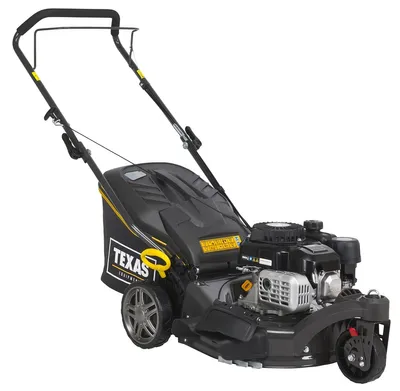 A black and yellow gas-powered lawnmower is shown against a white background.