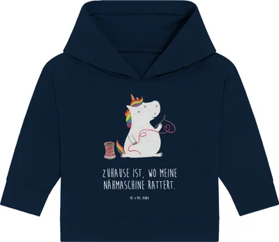 Produktbild von Mr. & Mrs. Panda Organic Baby Hoodie Einhorn Näherin 24. - 36. Monat - French Navy - Geschenk, Freundin, Kapuzensweatshirt, Basteln, Kapuzenshirt, Nähen, Stricken, Häkeln