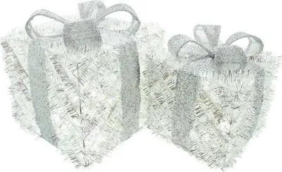 Produktbild von 2x LED Deko "Geschenk" in silber, Weihnachtsdeko innen, Leuchtdeko, Winterdeko beleuchtet für Sideboard, Weihnachtsbaum, Tisch