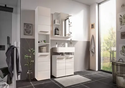 Produktbild von Badezimmer Badmöbel -Set VALENCIA Weiß Hochglanz Hochschrank Spiegelschrank Wbu Set 2